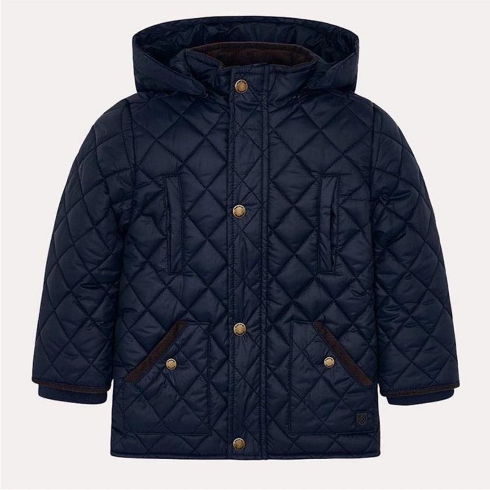 Mayoral || Quilted Coat Corduroy Trim Detachable Hood Navy Brown 6‎